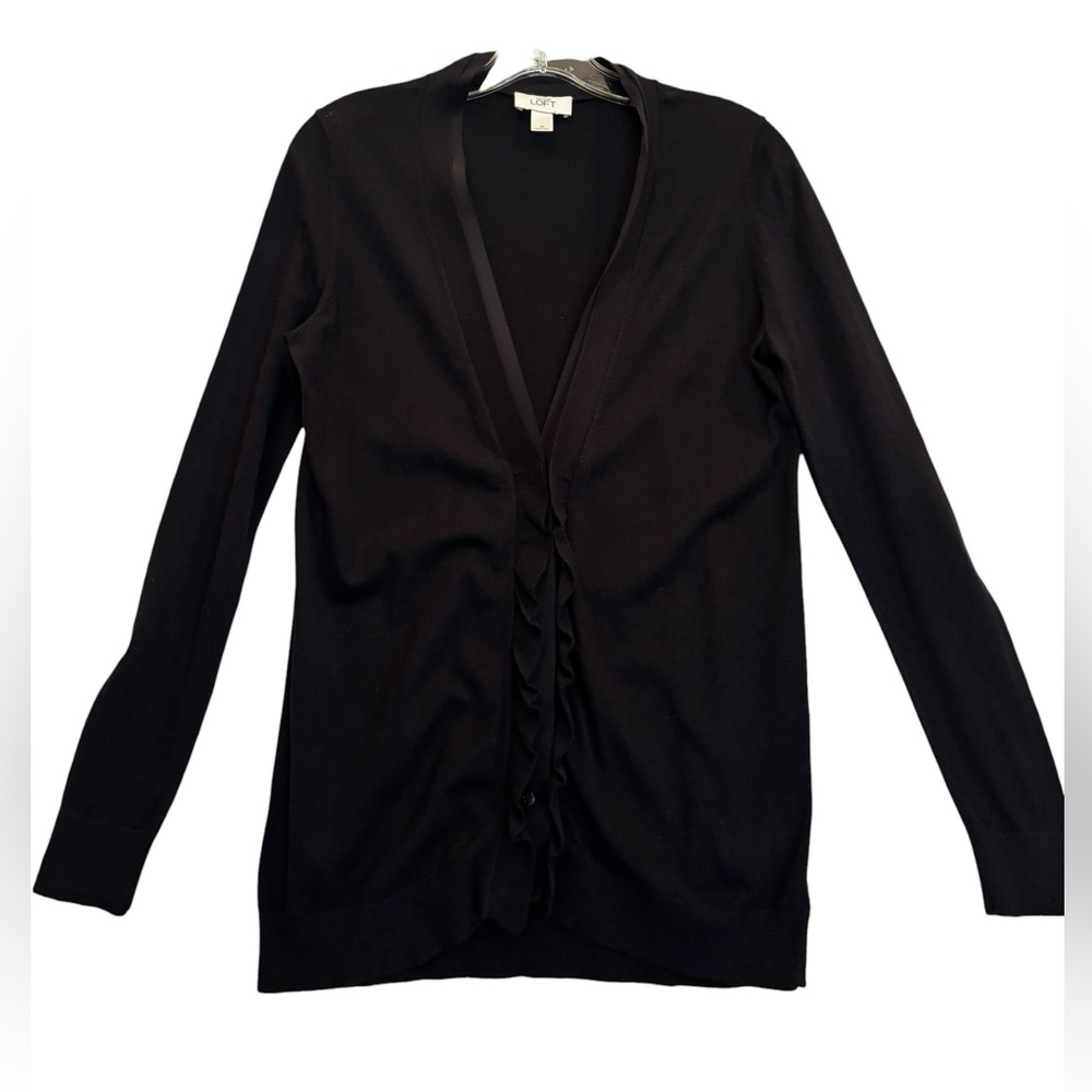 LOFT Black Women's Ruffle Front V Neck Button-Up Cardigan Sz. M NWOT